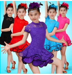 Sky blue turquoise royal blue turquoise red fuchsia hot pink red black violet purple turtle neck girls kids children  lace short sleeves gymnastics competition performance professional latin samba salsa dance dresses